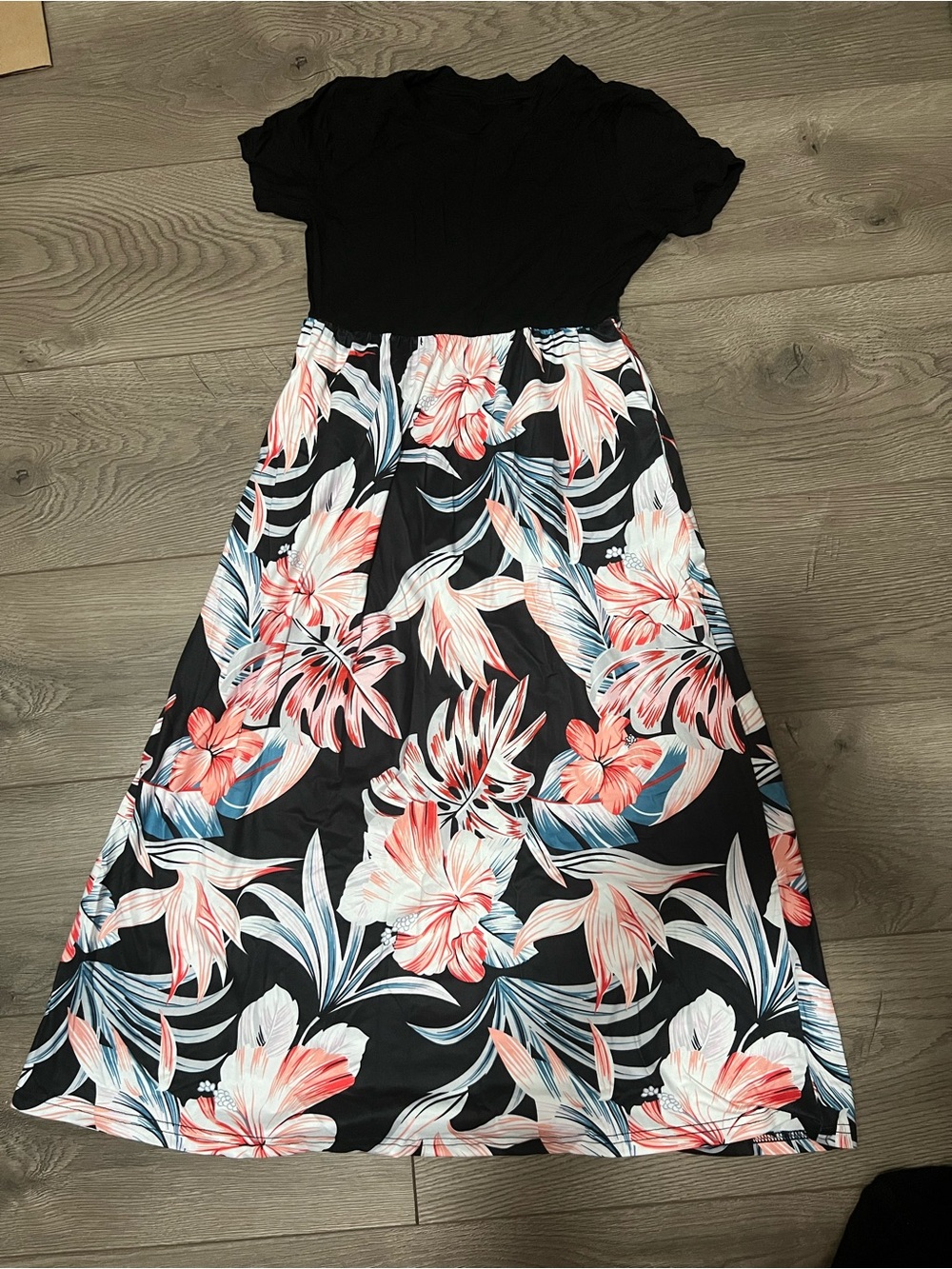 Amazon Black Top Floral Maxi Dress with Coral and Blue Print